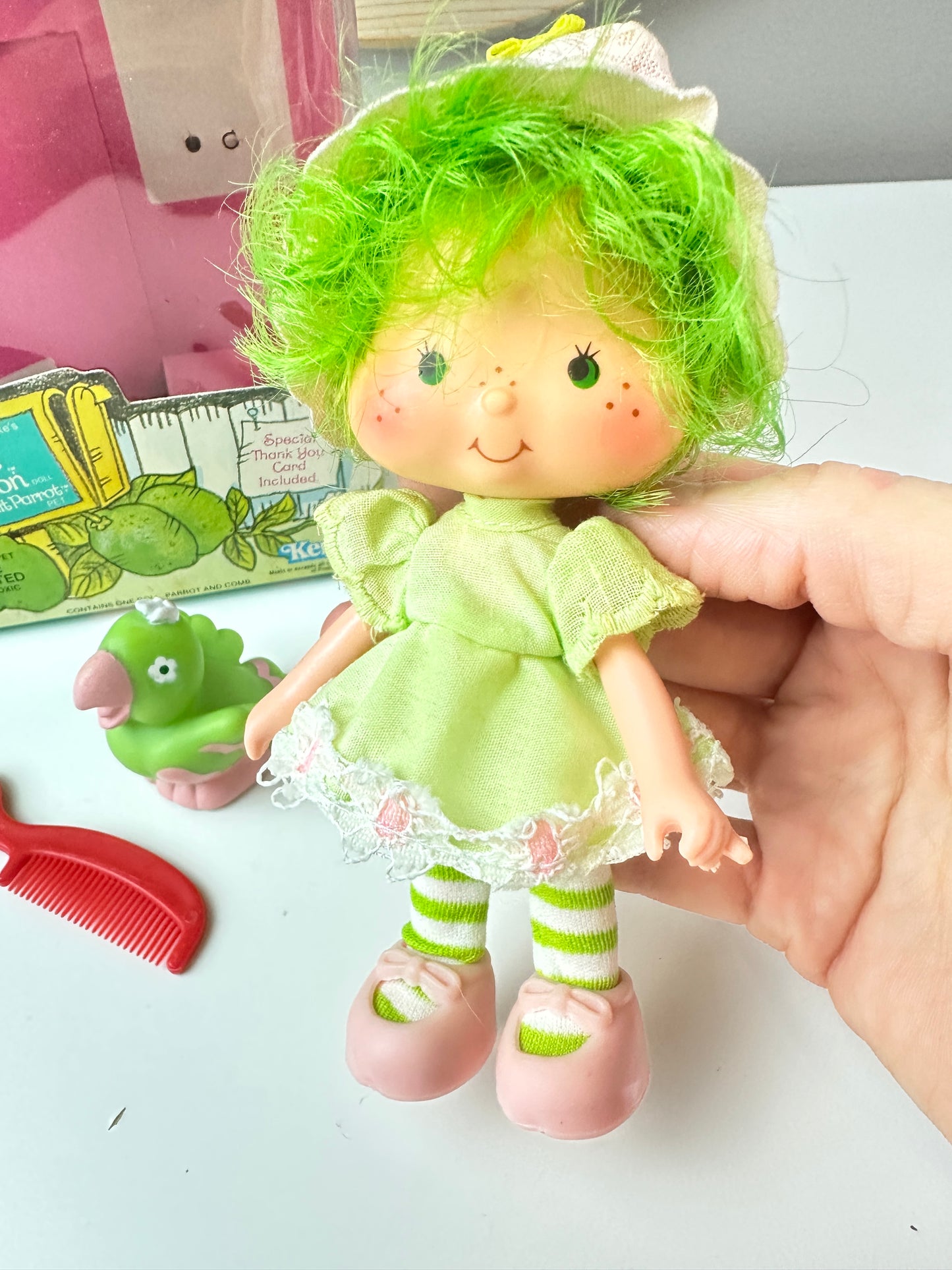 1982 Kenner Strawberry Shortcake Lime Chiffon with Parfait Parrot Doll with Box