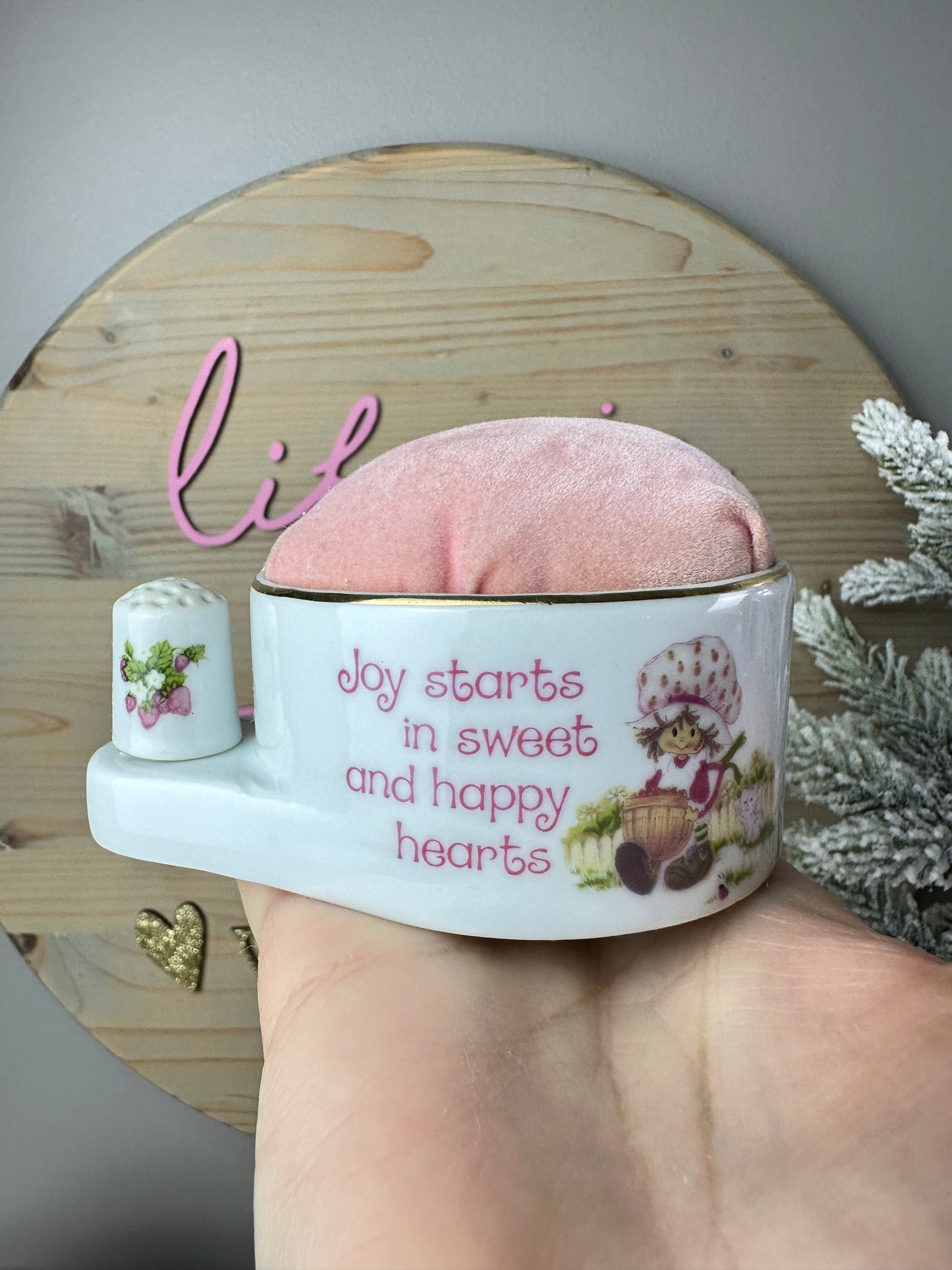 1980s Strawberry Shortcake Designer's Collection Fine Porcelain Pin Cushion with Thimble