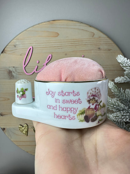 1980s Strawberry Shortcake Designer's Collection Fine Porcelain Pin Cushion with Thimble