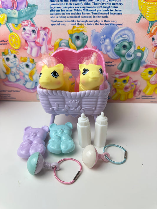 1980s Hasbro My Little Pony Milkweed & Tumbleweed Newborn Twins with Accessories