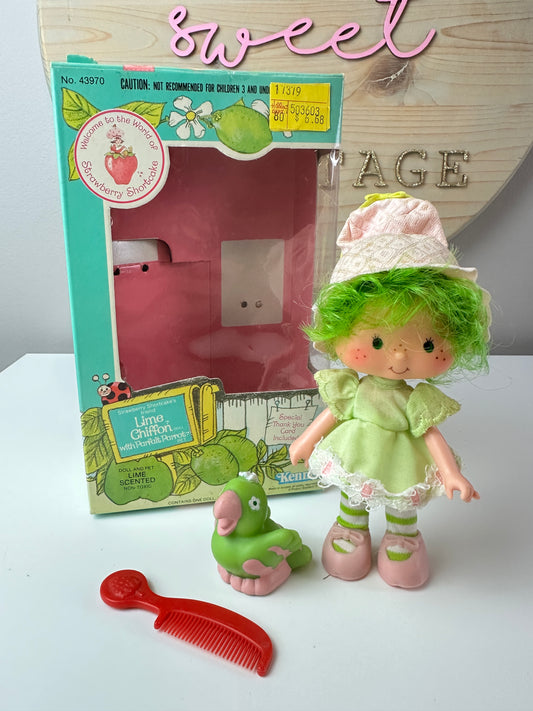 1982 Kenner Strawberry Shortcake Lime Chiffon with Parfait Parrot Doll with Box