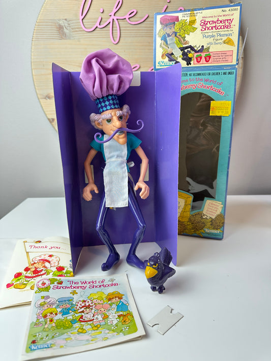 1980 Kenner Strawberry Shortcake Purple Pieman with Berry Bird Doll with Box