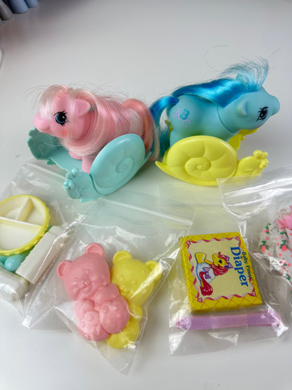 1980s Hasbro My Little Pony Doodles & Noodles Newborn Twins with Accessories