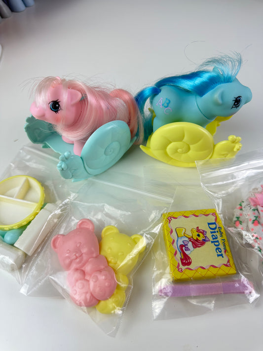 1980s Hasbro My Little Pony Doodles & Noodles Newborn Twins with Accessories