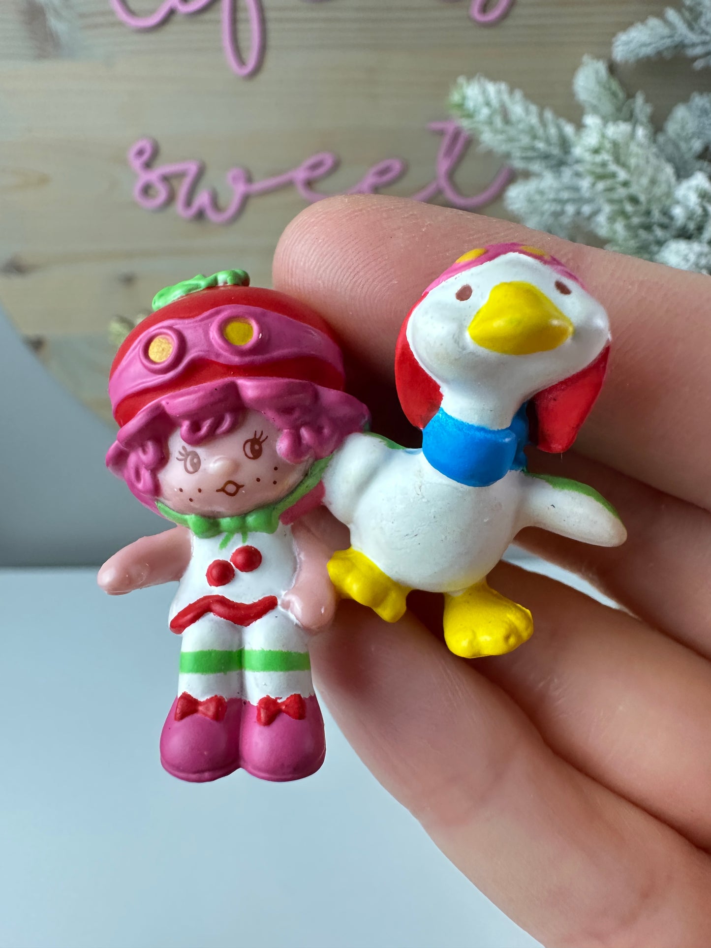 1984 Kenner Strawberry Shortcake Cherry Cuddler with Gooseberry Flying an Airplane Deluxe Mini PVC Figure *Berry Vault*