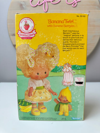 1985 Kenner Strawberry Shortcake Banana Twirl with Banana Berrykin Doll MIB *Berry Vault*