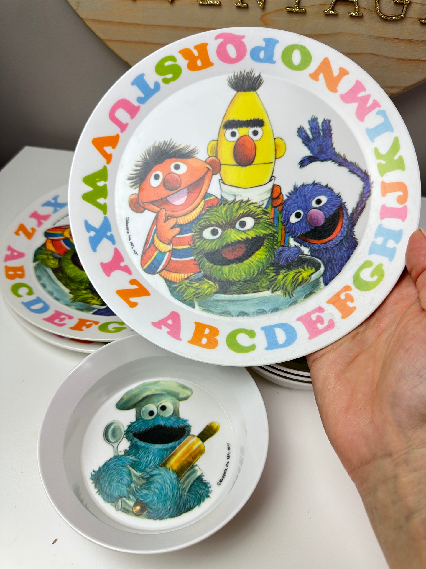 80s Plastic Sesame Street Dinnerware Set with Cookie Monster Bowls