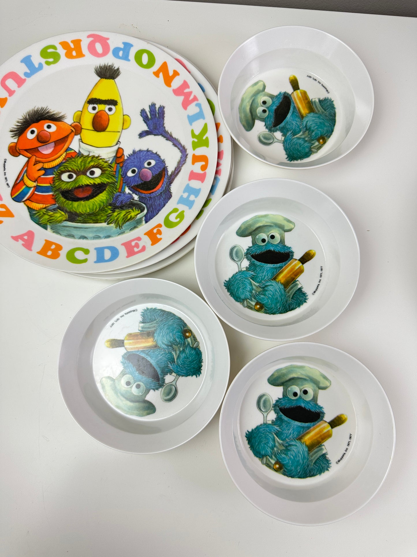 80s Plastic Sesame Street Dinnerware Set with Cookie Monster Bowls