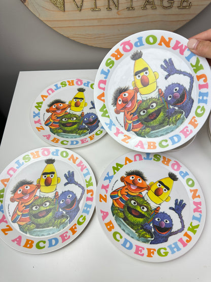 80s Plastic Sesame Street Dinnerware Set with Cookie Monster Bowls