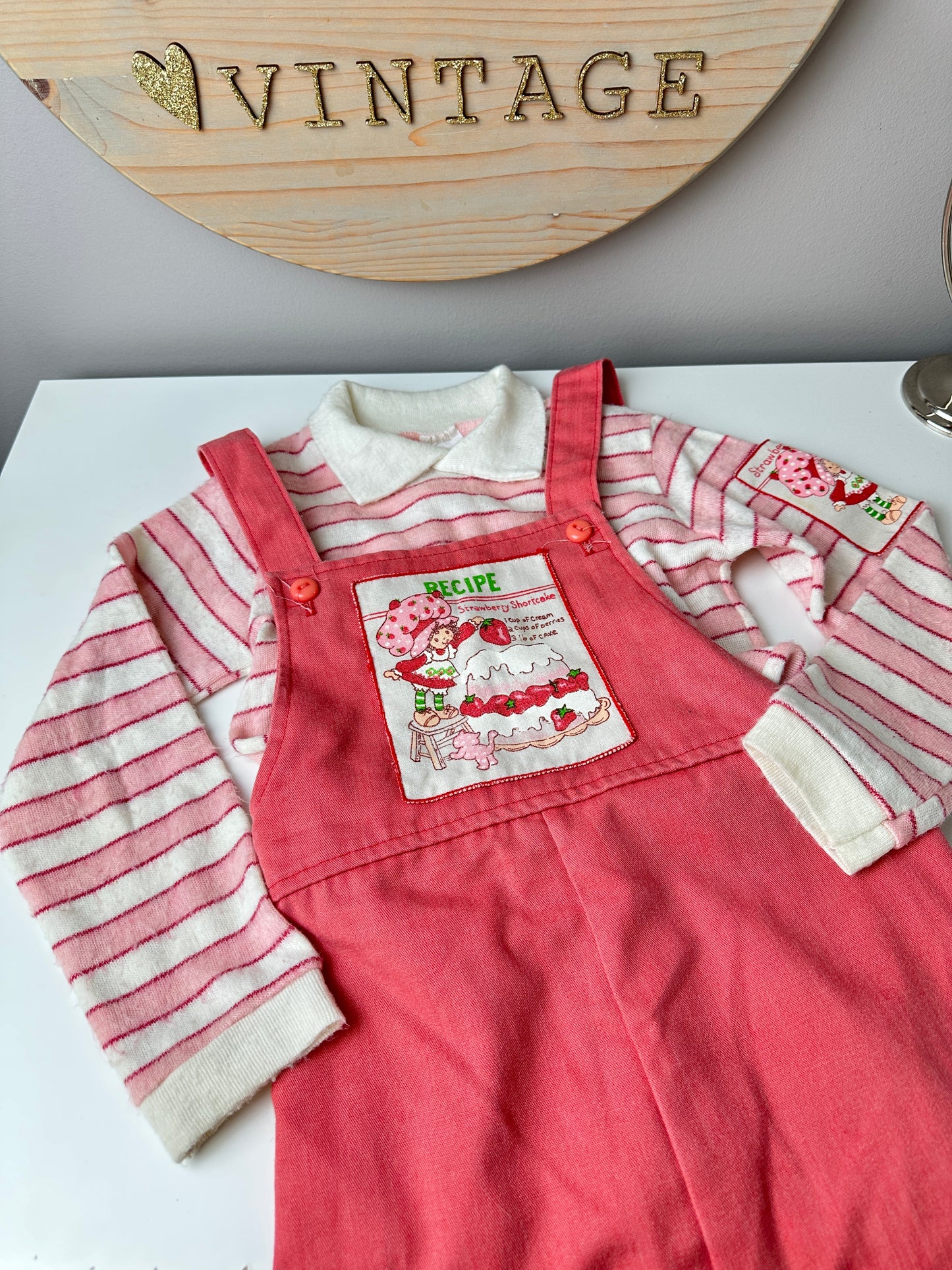 1980 American Greetings Dobie Strawberry Shortcake Overalls and Shirt Kids Clothing Outfit Set - 6X
