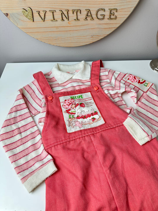 1980 American Greetings Dobie Strawberry Shortcake Overalls and Shirt Kids Clothing Outfit Set - 6X