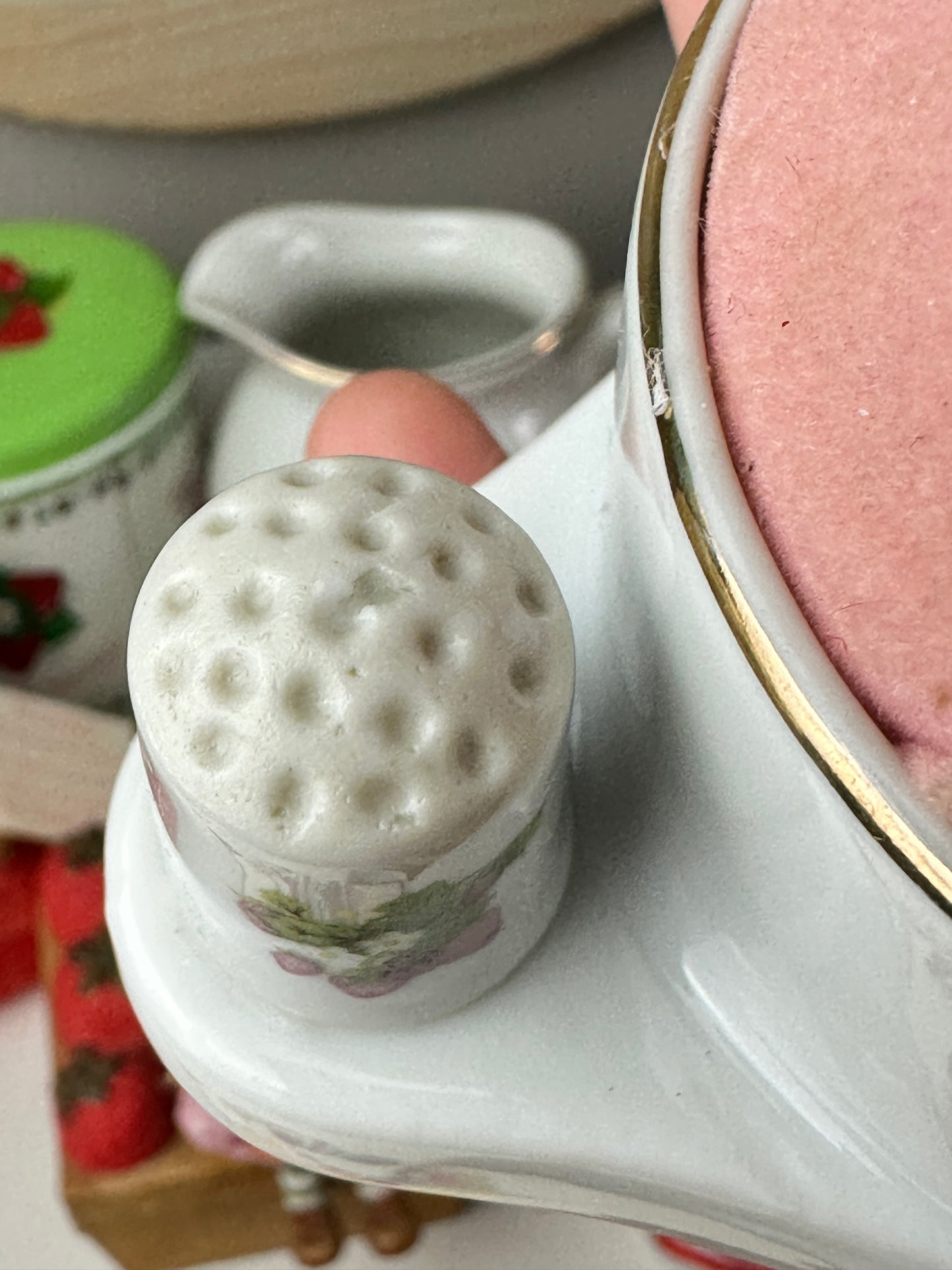 1980s Strawberry Shortcake Designer's Collection Fine Porcelain Pin Cushion with Thimble